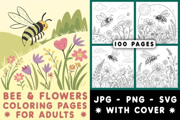 Bee Flowers Coloring Pages Graphics for Adult Branding Projects